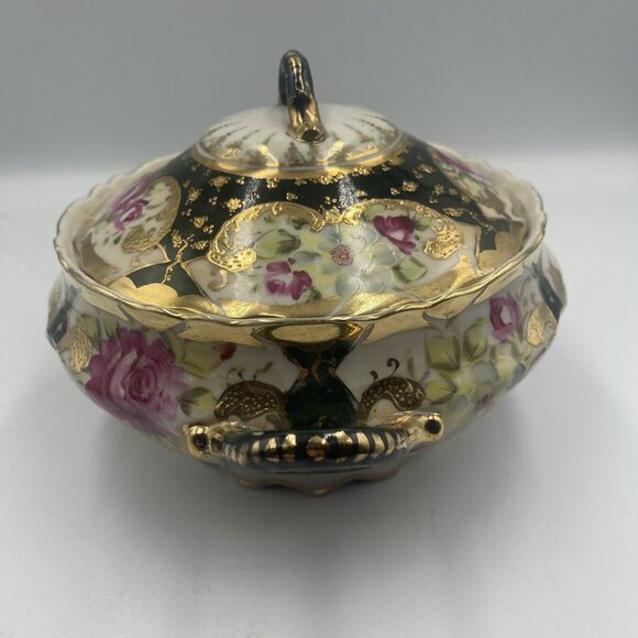 VTG Japanese‎ Porcelain Moriage Hand Painted 2 Handles Covered Serving Bowl Gold - Picture 8 of 15